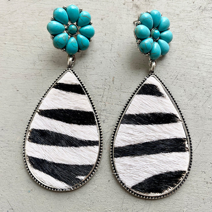 Western Animal Print Leather Earrings with Bohemian Style and Turquoise Pumpkin Flower Design