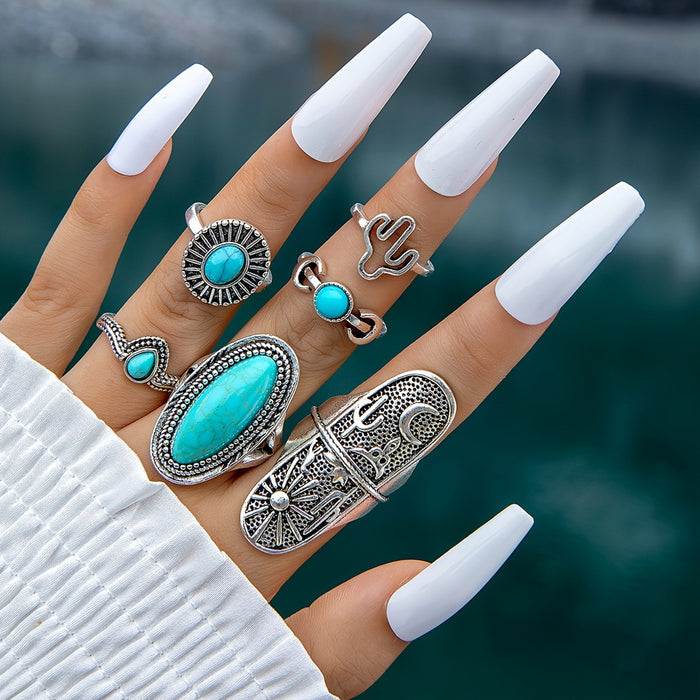 Bohemian Turquoise Cactus Ring Set - 6pcs Vintage Moon Rings