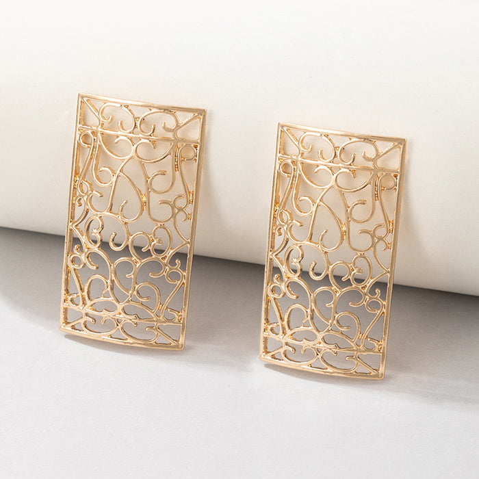 Rectangular hollow carved earrings gold temperament earrings