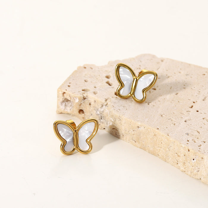 Elegantes pendientes de mariposa de concha blanca natural en oro de 18 quilates de estilo francés: joyería de acero inoxidable y titanio para mujer