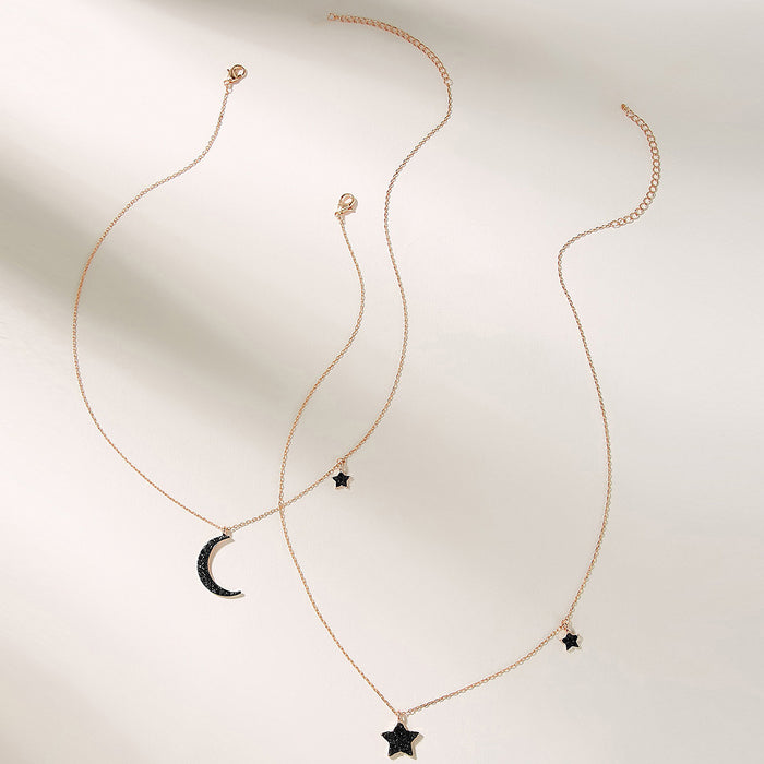 Star and Moon Diamond Double Layer Necklace with Geometric Crescent Multi-Layer Design