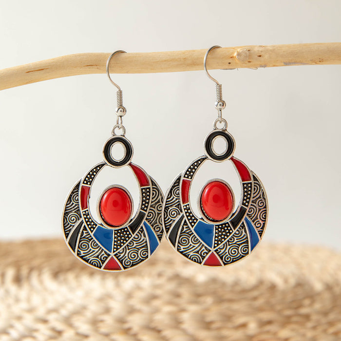 Retro ethnic style diamond tassel earrings fashionable carved geometric hollow earrings