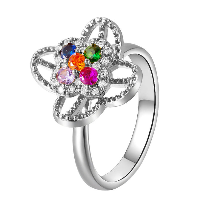 Wholesale copper micro-set colored zircon four-leaf clover flower rotating open ring