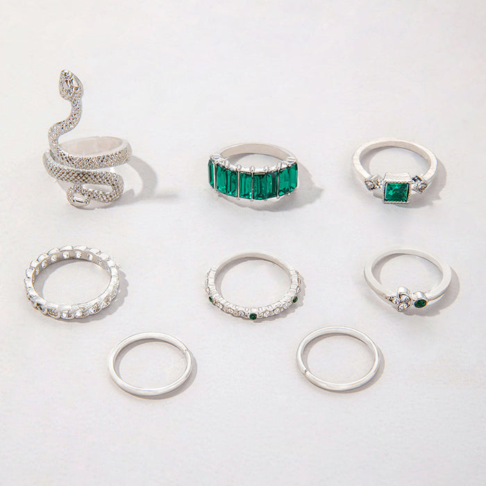 Green Diamond Gemstone Animal Snake Eight-Piece Ring Set