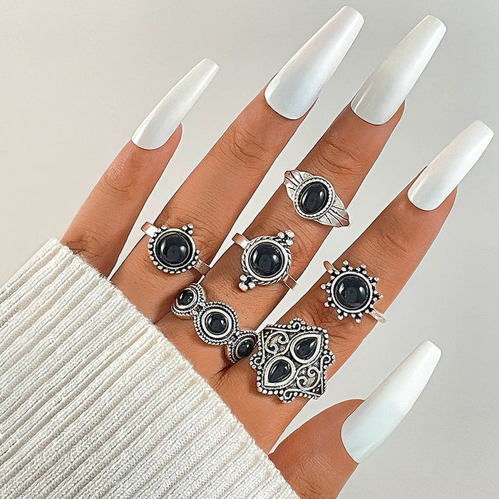 Retro Black Gemstone Eye Ring Set - Geometric Six-Piece Set