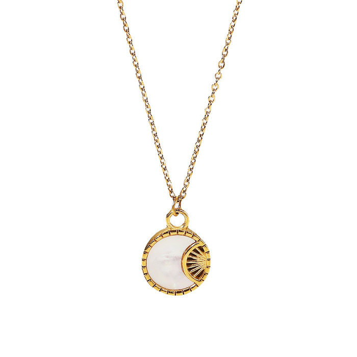 18K Gold-Plated Stainless Steel Moon Pendant Necklace with White Shell - Women's Fashion Jewelry