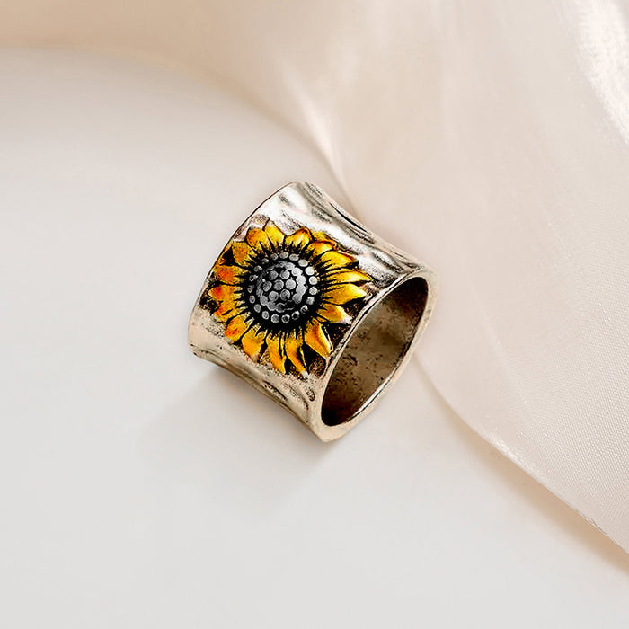 Anillo con estampado de girasol para parejas de hombres y mujeres, anillo de sol retro