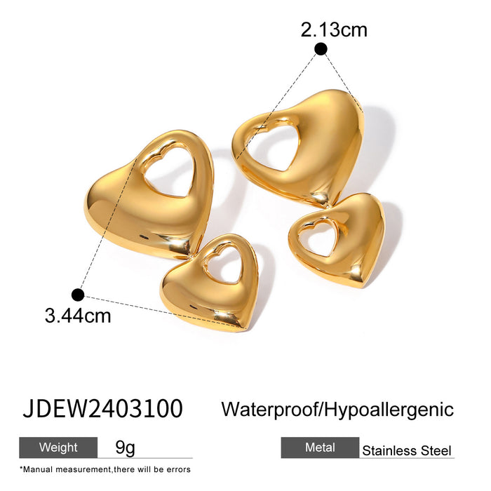 18K Gold Stainless Steel Double Heart Hollow Earrings - High-End Asymmetric Titanium Steel Jewelry