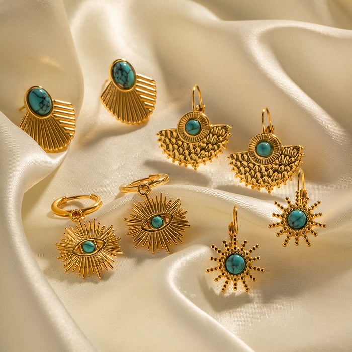 European Cross-Border Turquoise Titanium Steel Earrings - High-End Vintage Non-Fading Jewelry for Wholesale - wallojewerly 