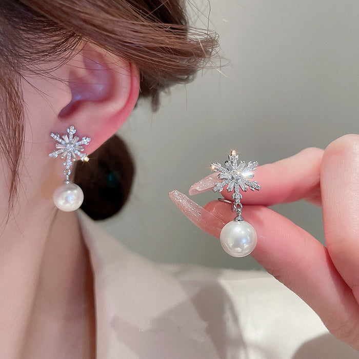 Crystal Snowflake Pearl Earrings Snowflake Design Fashion Earrings