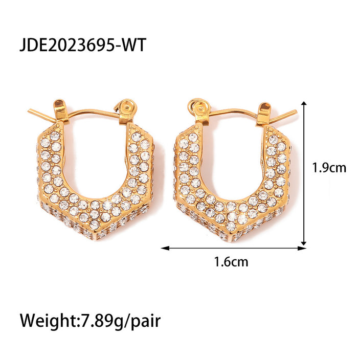 French Style 18K Gold Geometric White Zircon Earrings - High-End Hollow Titanium Steel Earrings