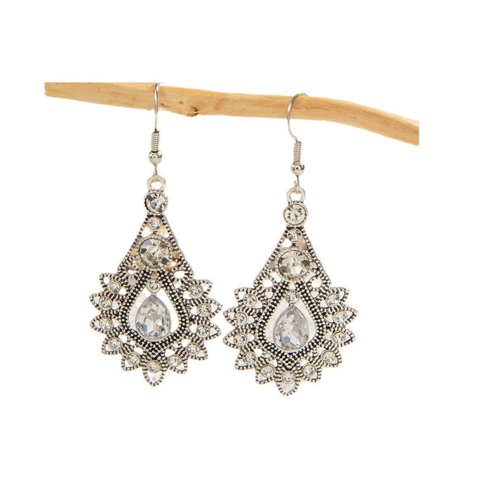 Retro ethnic style diamond tassel earrings fashionable carved geometric hollow earrings