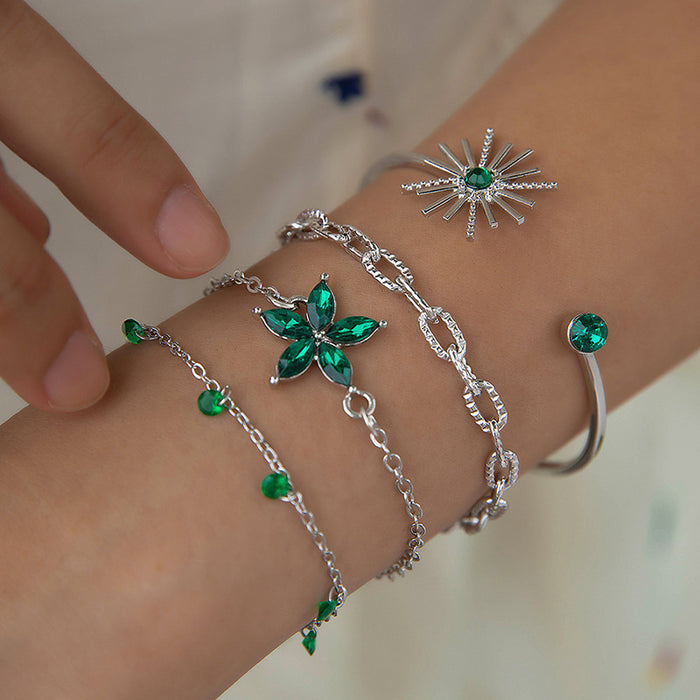 Crystal Flower and Leaf Bracelet Set - Multi-Layer Luxury Jewelry