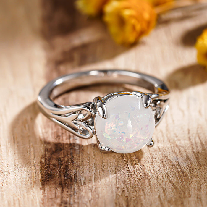 Floral Line Heart Shape Metal Imitation Opal Ring for Women