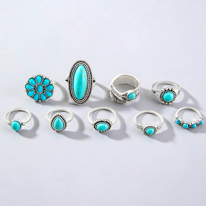 Vintage Turquoise Ring Set - 9pcs Exaggerated Oval Cactus Rings