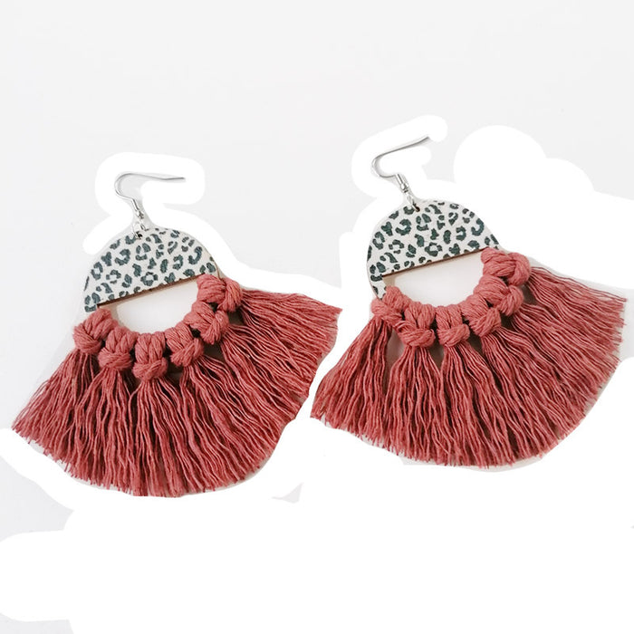 Bohemian Handwoven Tassel Fan-Shaped Earrings with Morandi Color and Leopard Print