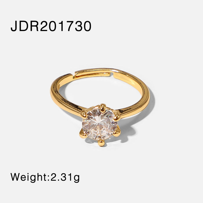 18K Gold Plated Copper Ring with White Round Zircon - Elegant Six-Prong Setting