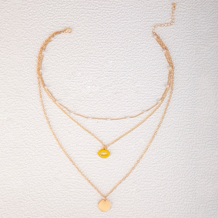 Yellow Enamel Lip Pendant Multi-Layer Necklace - Pearl and Disc Four-Chain Set