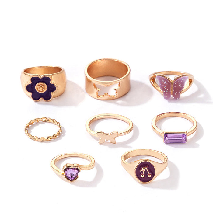 Conjunto de anillos de mariposa violeta con joyas dulces, conjunto de ocho piezas con incrustaciones de diamantes en forma de corazón y flores con gotas de aceite