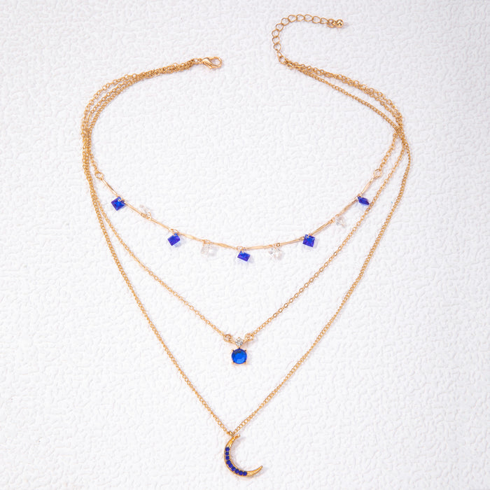 Sapphire Crescent Moon Pendant Necklace with Triple Layers