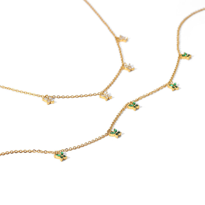 Fashionable 18K Gold-Plated Butterfly Pendant Necklace - Green and White Zircon Stainless Steel Jewelry