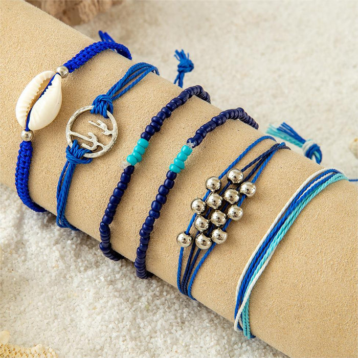 Bohemian Shell and Blue Bead Bracelet Set with Starfish Charm - Four Pieces