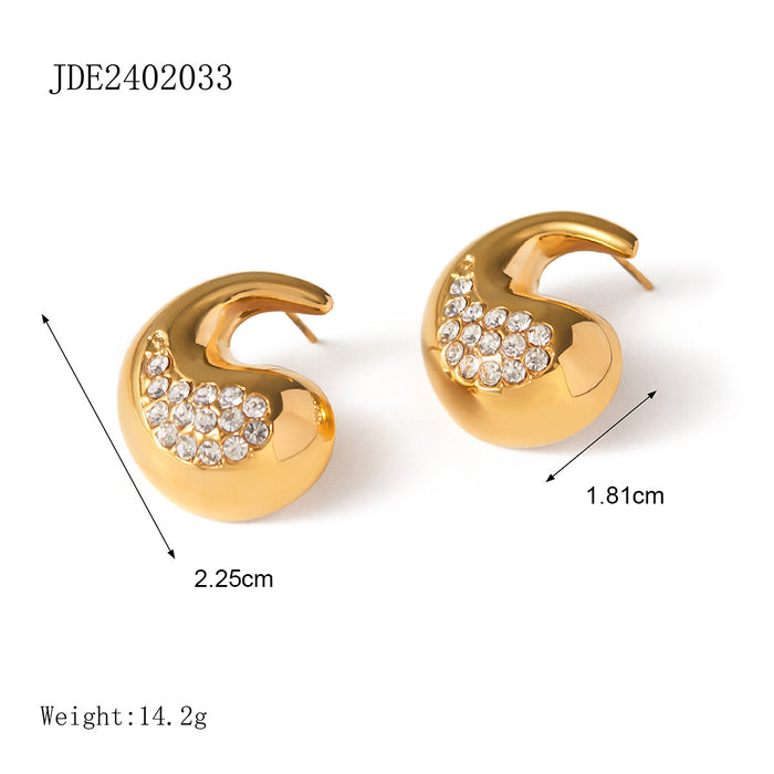 Designer 18K Gold Stainless Steel Waterdrop Diamond Earrings - Minimalist Style Jewelry