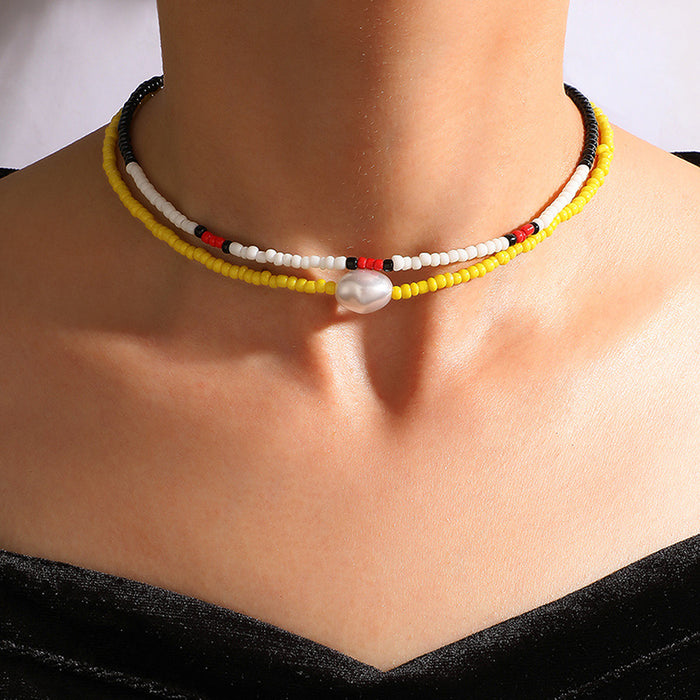 Bohemian Style Black-White-Red Contrast Color Necklace with Yellow Beads and Acrylic Pearls