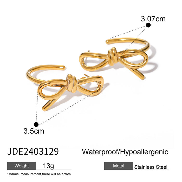 18K Gold Stainless Steel Bow Knot C-Shaped Earrings - Unique Design Titanium Steel Jewelry