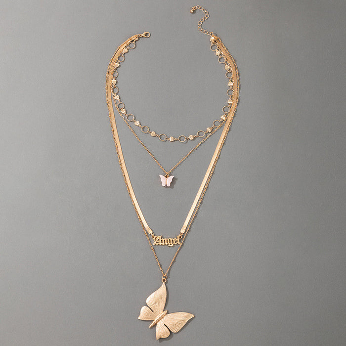 Geometric Round Ring Clavicle Chain with Pink Butterfly Pendant and Angel Letter Four-Layer Necklace