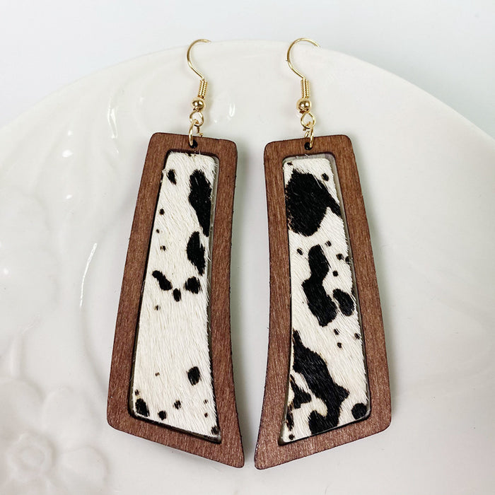 Bohemian Geometric Earrings with Leopard Print and Gold Dots on Cowhide Leather and Wood