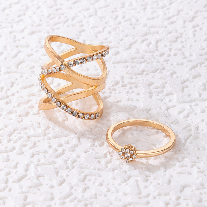 Light luxury diamond cross ring two-piece set geometric flower hollow combination