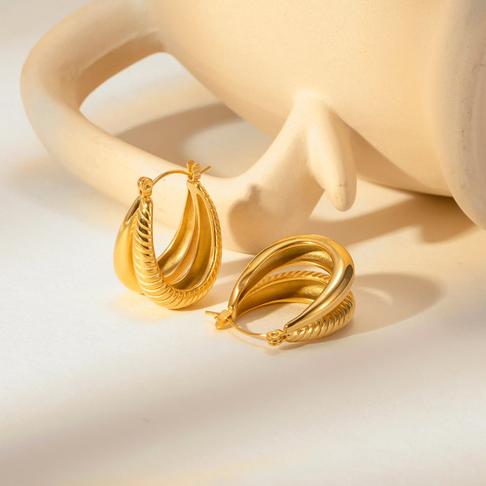 French Style New 18K Gold-Plated Double Layer Oval Ribbed Earrings - Fashionable Jewelry for Women