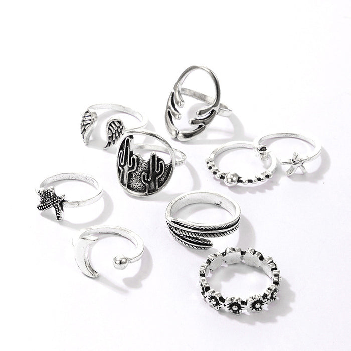 Vintage Cactus Flower Starfish Moon Wings Ring 9-Piece Set