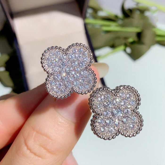 Full diamond micro-encrusted four-leaf clover earrings