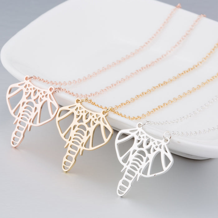 Origami elephant pendant necklace, hollow stainless steel clavicle chain cute animal necklace for women wholesale