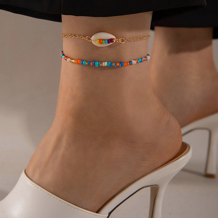 Minimalist Beaded Shell Anklet - Double Layer Beach Style Jewelry