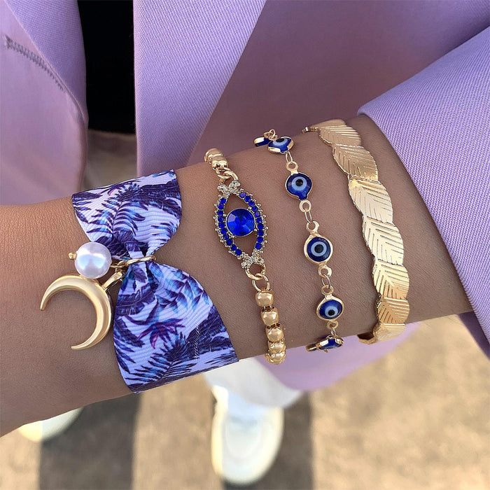 Juego de pulseras de diamantes de imitación con diseño de ojo malvado bohemio: colgante étnico de media luna, joyería de tela