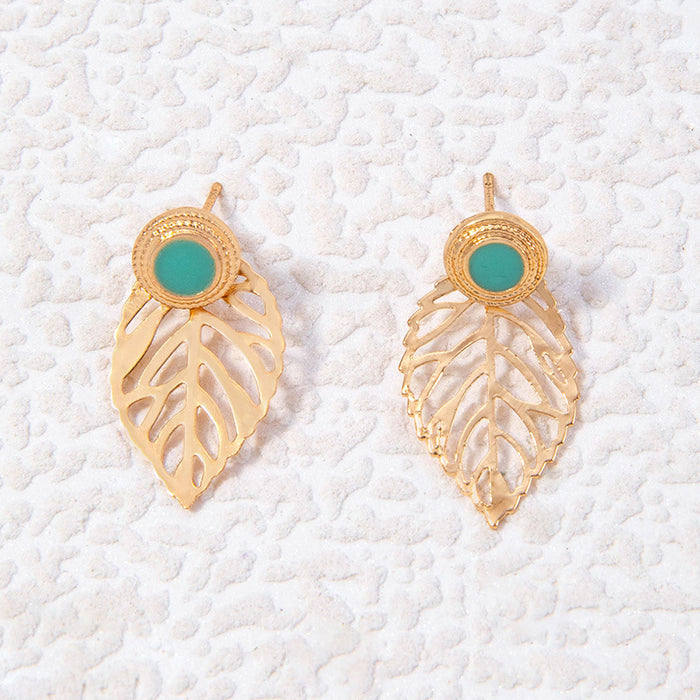 Retro leaf earrings imitation turquoise light luxury temperament earrings