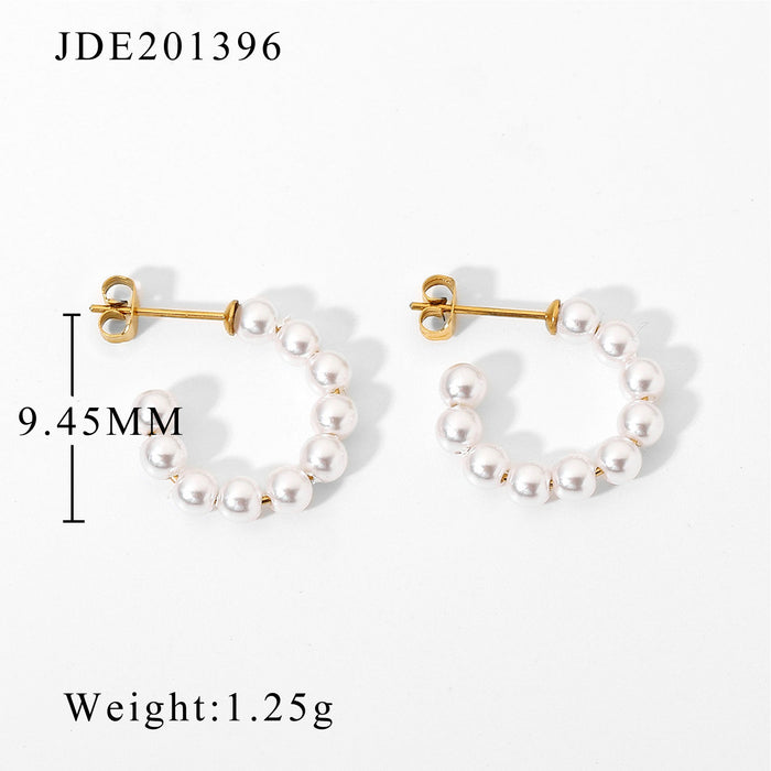 18K Gold Plated Stainless Steel Stud Earrings - C-Shaped Pearl Design