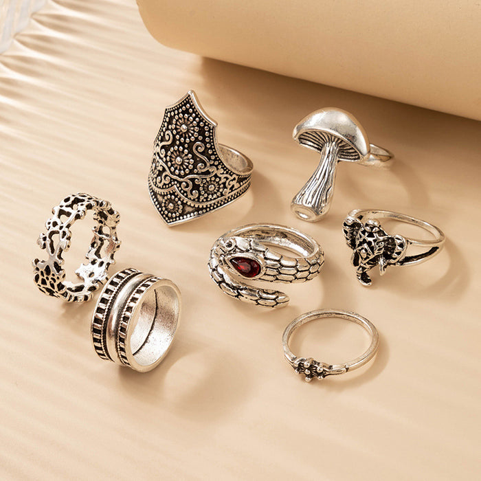 Mushroom Snake Elephant Silver Ring 7-Piece Set