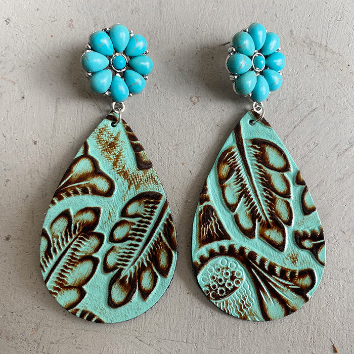 Embossed Leather Earrings with Bohemian Floral Turquoise and Pumpkin Flower Design