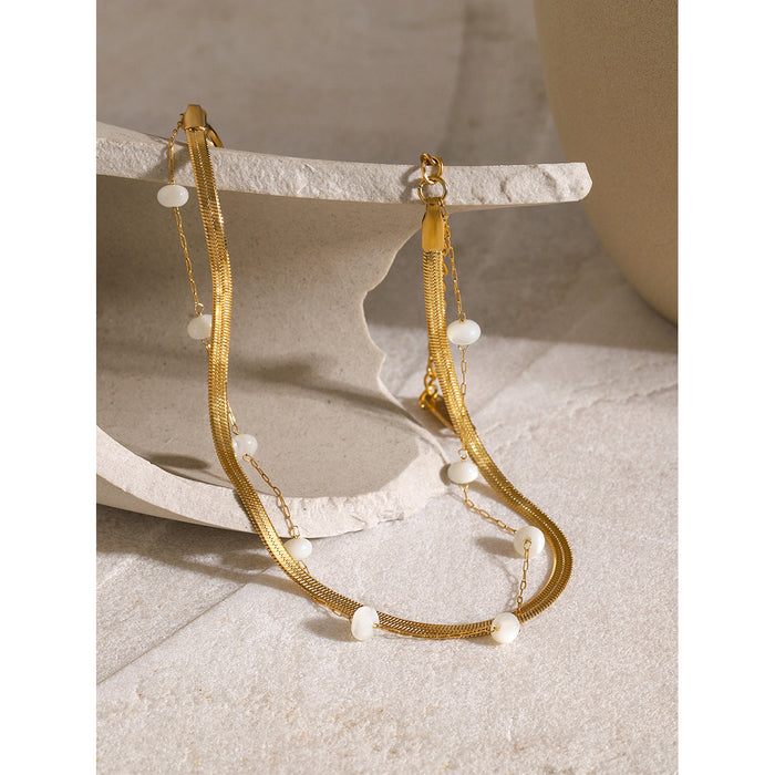 18K Gold Plated Stainless Steel Blade Chain and Shell Bead Anklet - Trendy Fashion Jewelry