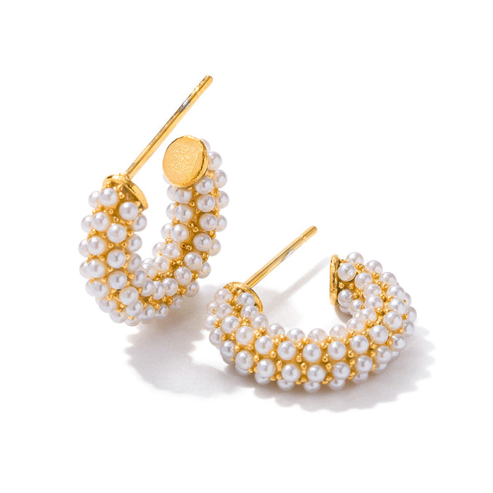 French Style New Fashionable Hoop Earrings - 18K Gold Plated Stainless Steel Mini Pearl Inlaid C-Shaped Jewelry