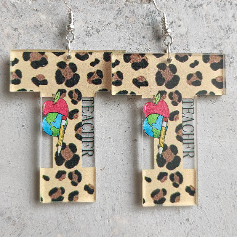 Leopard Print Teacher Earrings with Apple, Rainbow, and Pencil Designs