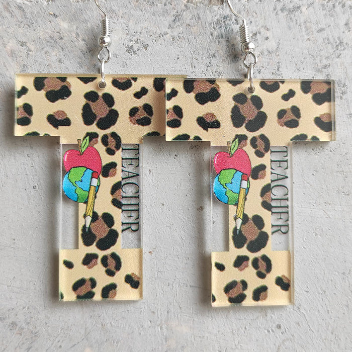 Leopard Print Teacher Earrings with Apple, Rainbow, and Pencil Designs