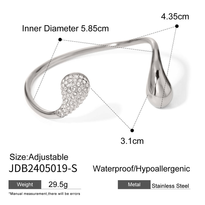 European Asymmetrical Teardrop Zircon Open Bracelet - High-End Stainless Steel Jewelry for Women