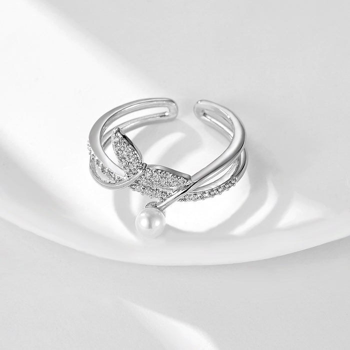 Wholesale colored gold micro-set zircon pearl fishtail ring