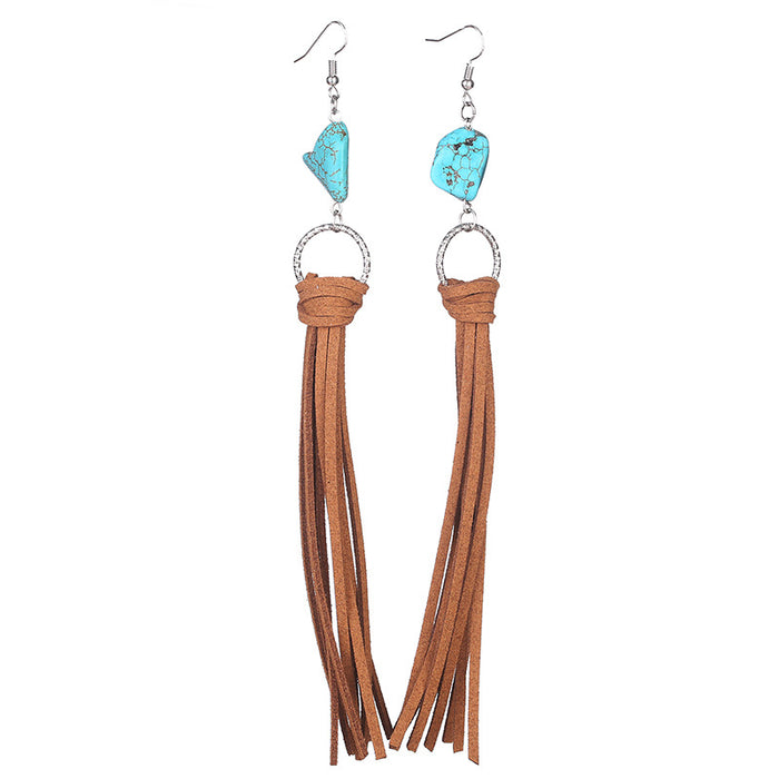 Vintage Long Turquoise Leather Tassel Earrings with Pastoral Style