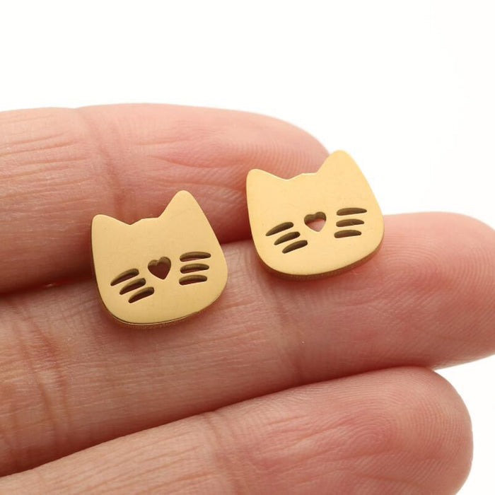 Cat and Heart Hollow Stainless Steel Stud Earrings - Cute and Playful Animal Jewelry